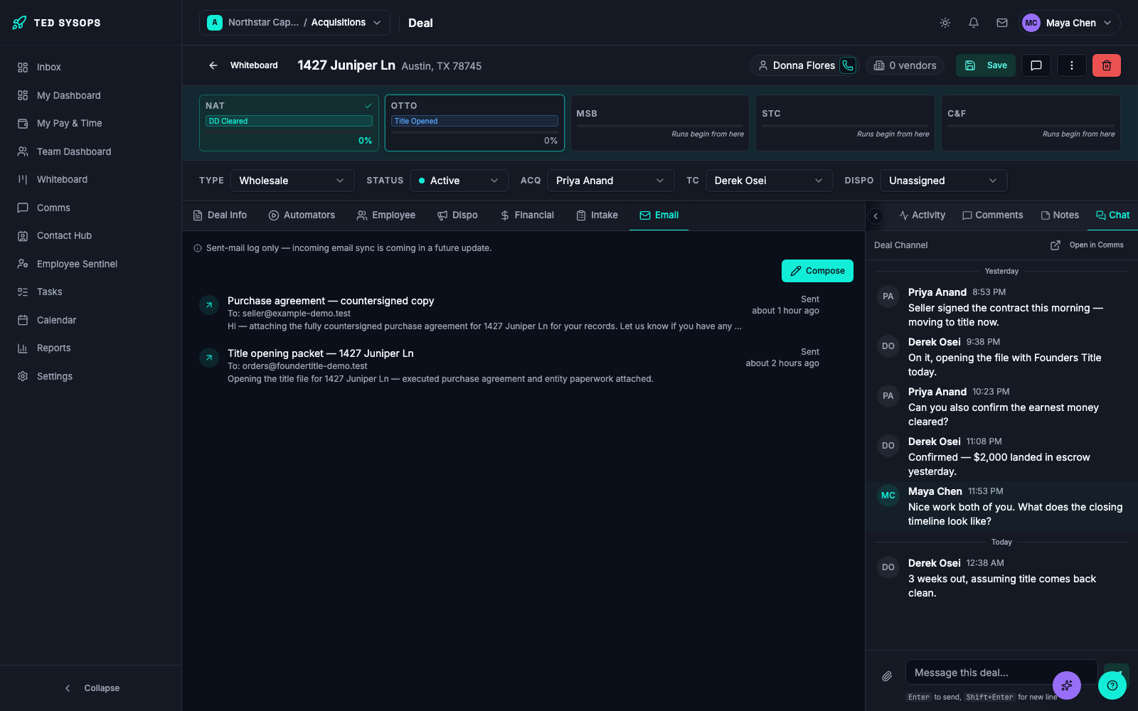 A deal's chat and email, side by side with the deal
