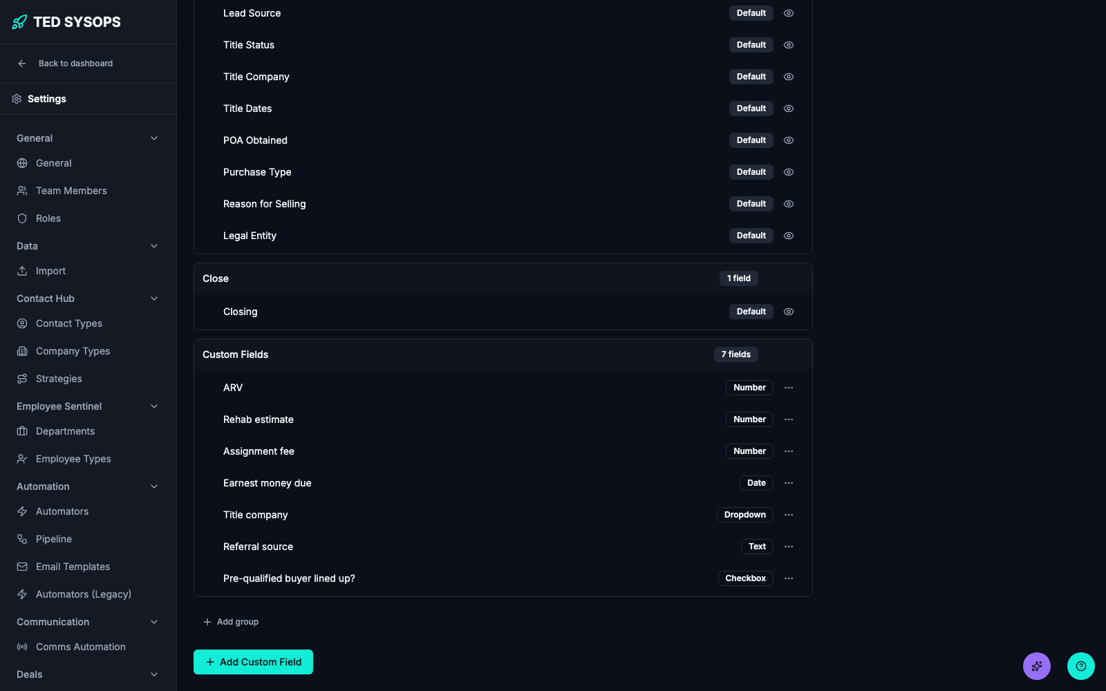 Settings — Deal Page Layout with custom fields